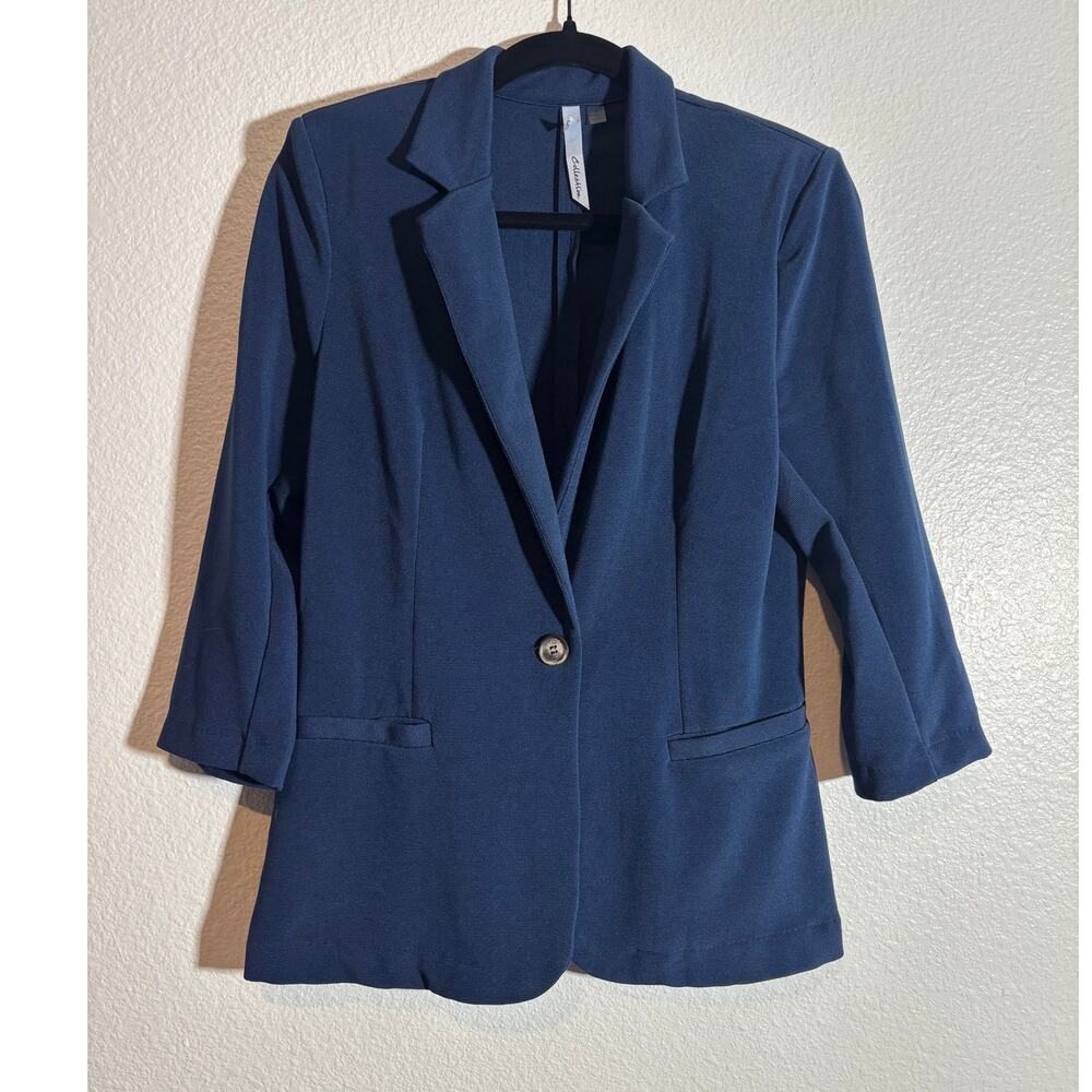 NY Collection Size M One-Button Dark Blue Blazer Jacket 3/4 Sleeves Careerwear